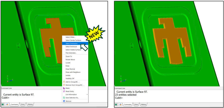 Left: "Select Protrusion" Option in right-click menu. Right: The resulting selected protrusion.